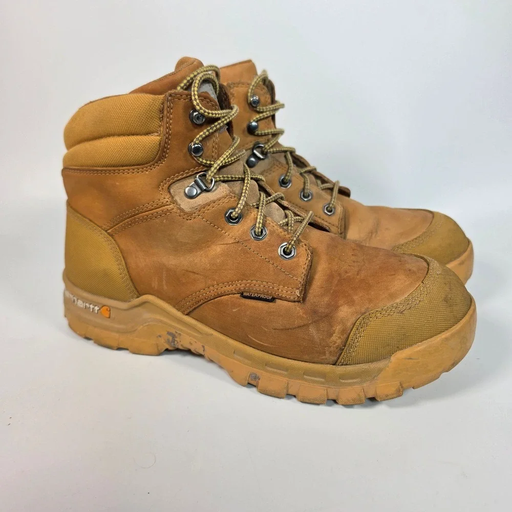 Carhartt Waterproof Work Boots Men's 12 Brown Leather Soft Toe Lace Up Workwear